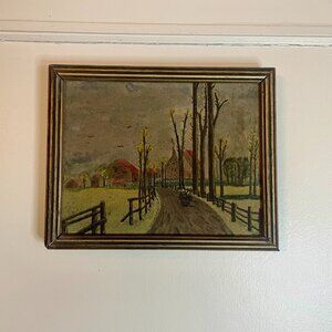 Antique Oil Painting Village Road Framed